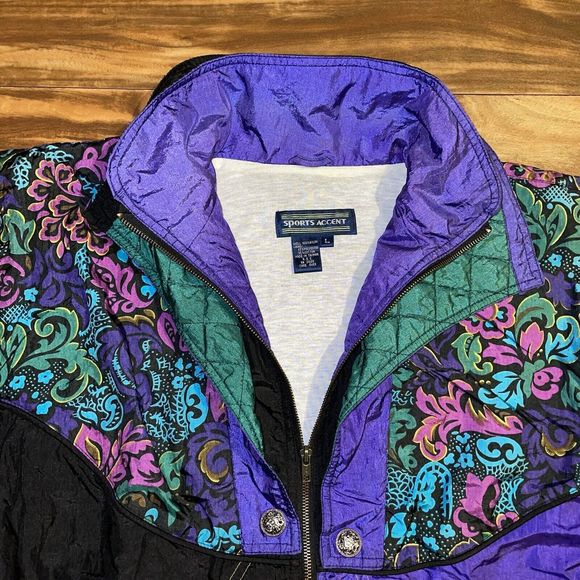 Vintage 90s Sports Accent Lined Floral Windbreaker Zip Jacket Womens Size Large - Picture 7 of 12
